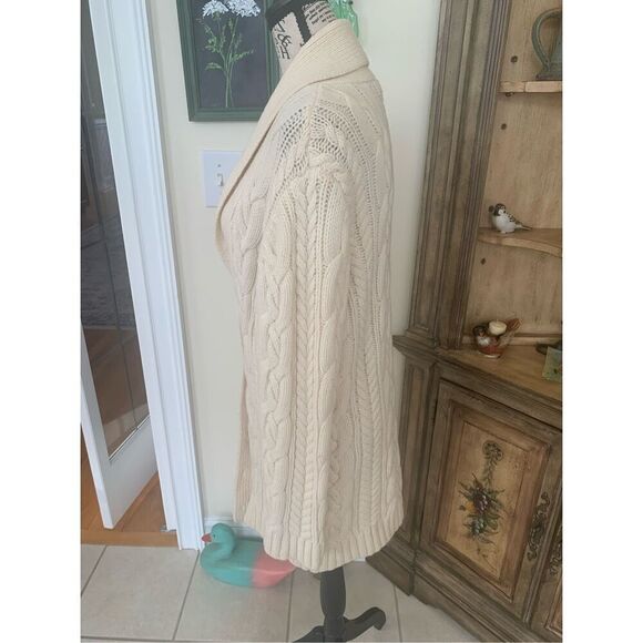 Lands End Ivory Thick Wool Fisherman Cardigan Sweater Shawl Collar - Picture 6 of 8
